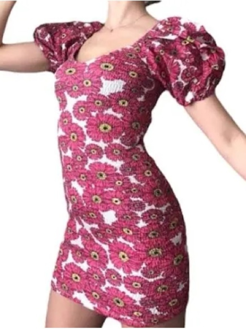 Zara Pink Floral Smocked Balloon Puff Sleeve Mini Dress Size S Small